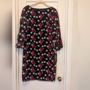 Karl Lagerfeld Black Mesh Dress with Red and White Floral Embroidery